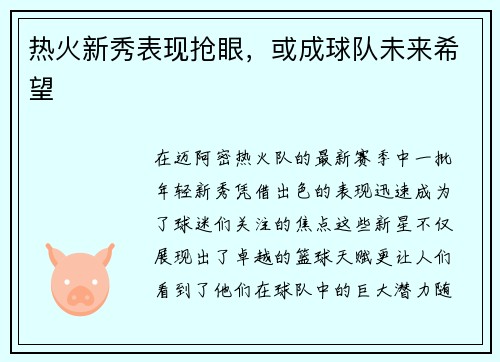 热火新秀表现抢眼，或成球队未来希望